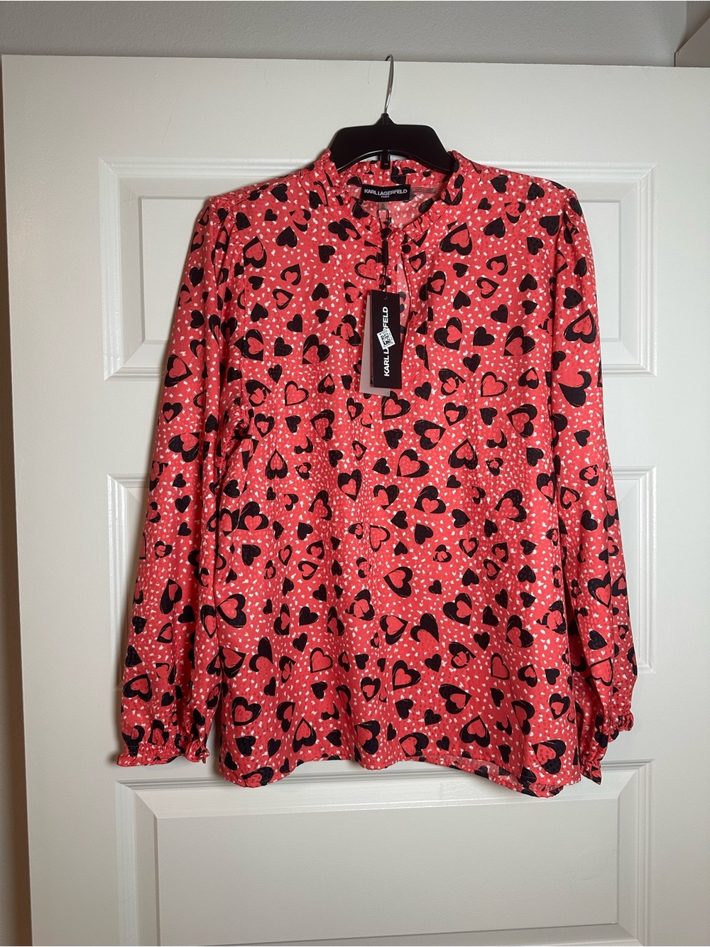 Karl Lagerfeld Coral Red Heart-Print Long Sleeve Blouse